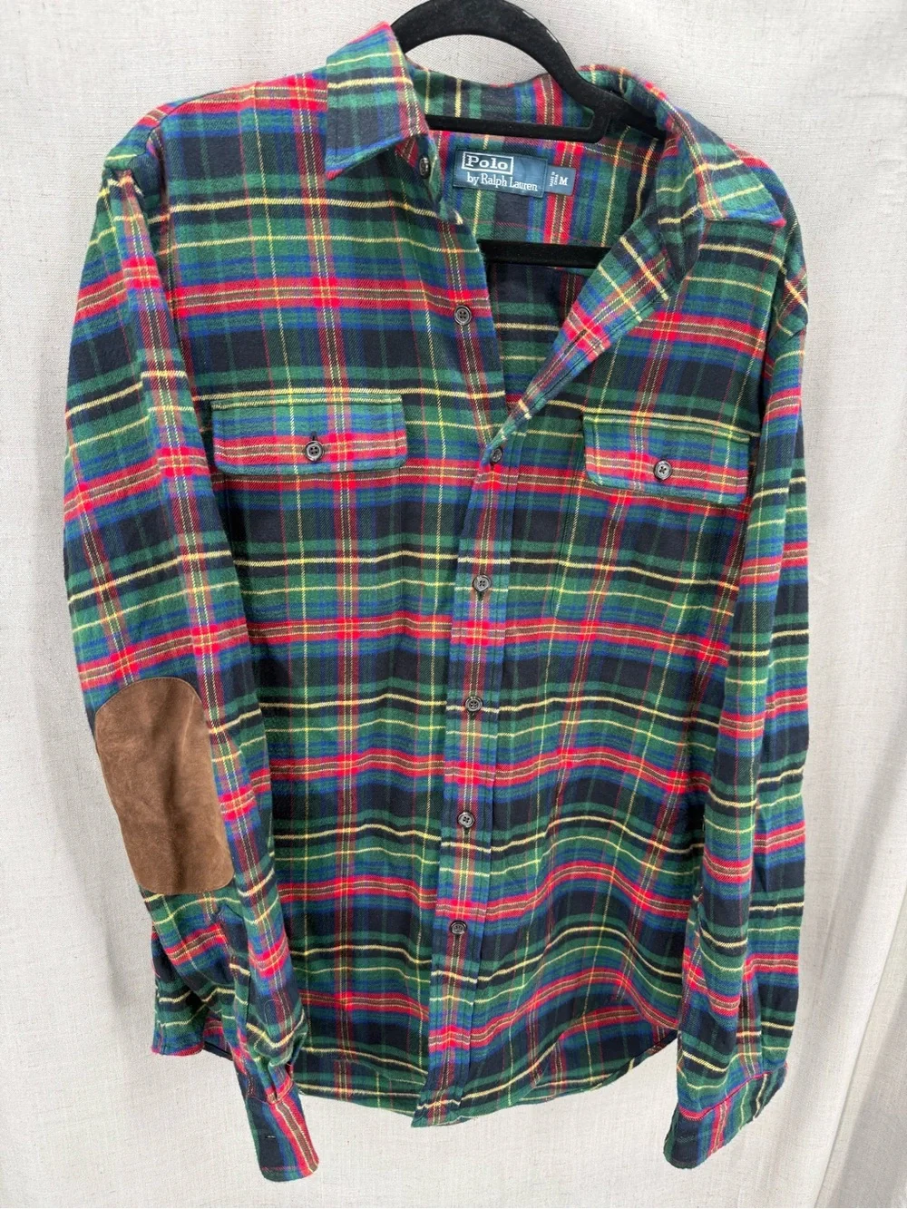 Polo Ralph Lauren Shirt Mens Medium Plaid Flannel Elbow Suede Patches Pockets